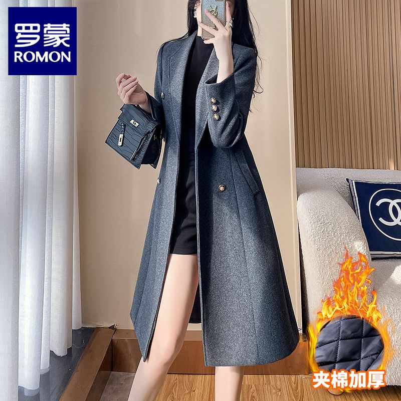 Romon Woolen Coat Women's  New Fashion Temperament Black Thickened Windbreaker This Year's Popular Woolen Coat