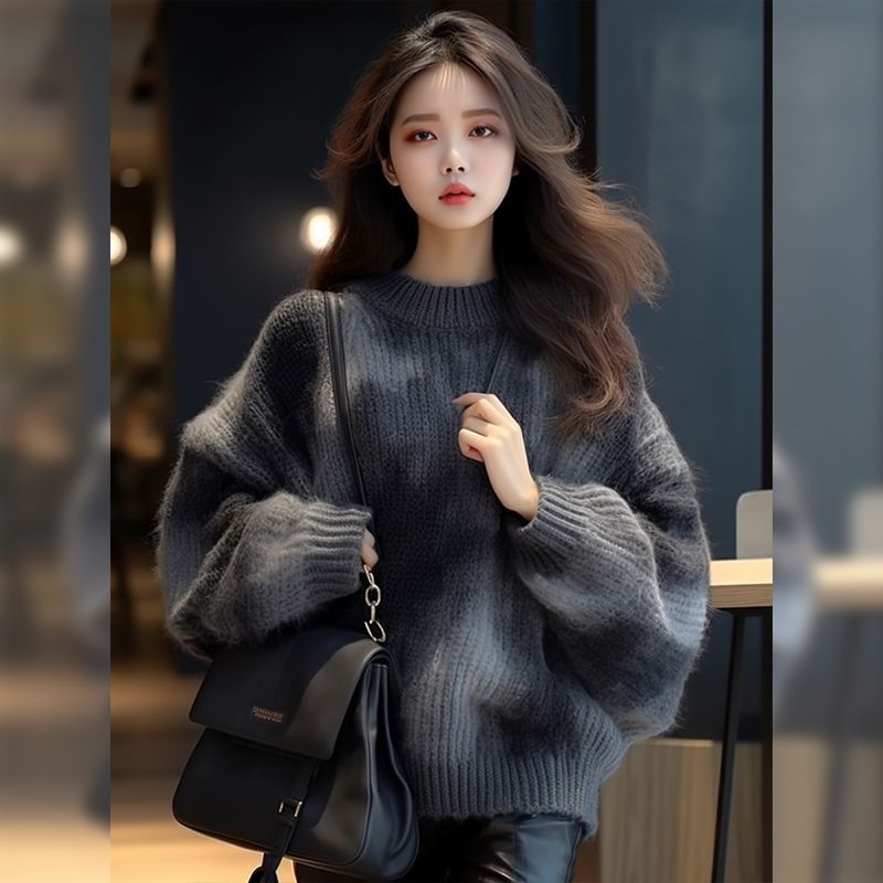 高級感超好看黑灰色扎染毛衣女秋冬小香風上衣美式復古圓領針織衫