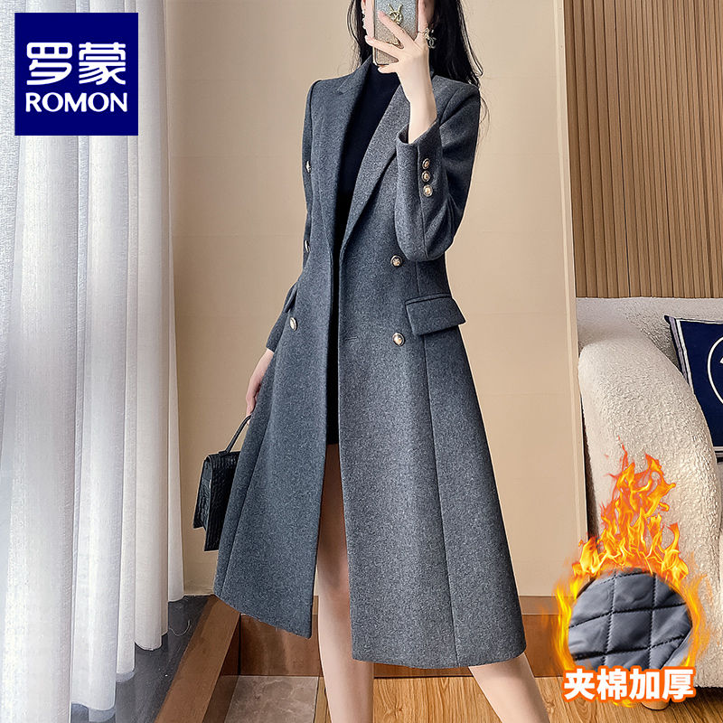 Luo Meng blazer women's gray long thickened suit work clothes tops goddess style professional wear woolen coat