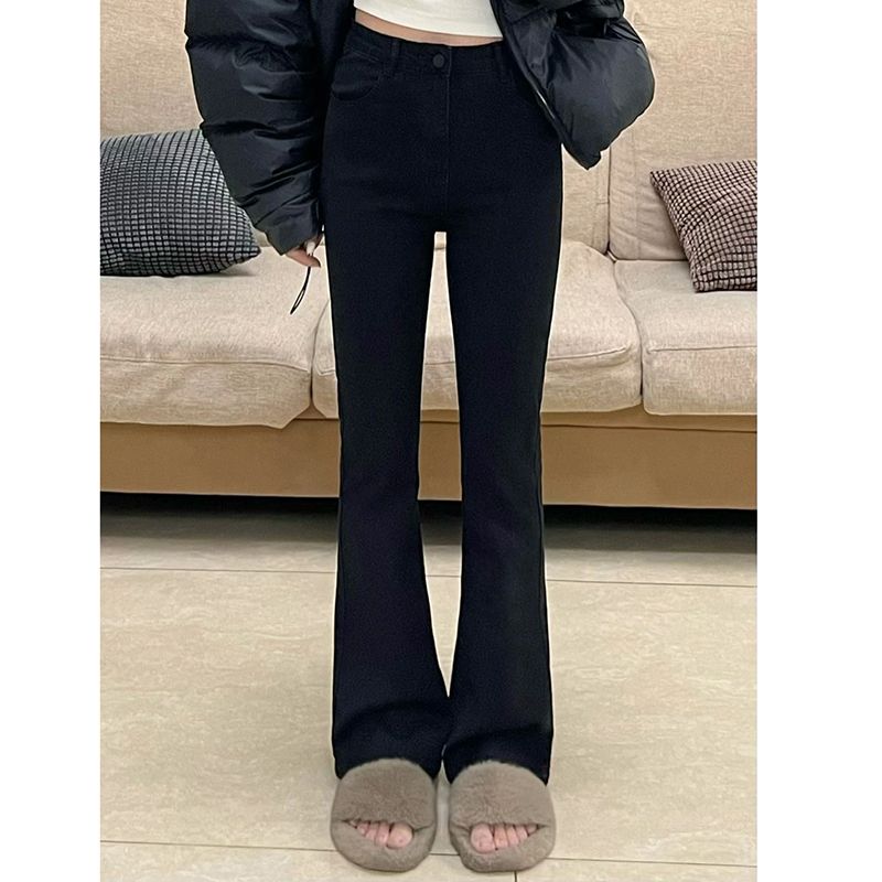 復古黑色微喇牛仔褲女小個子秋冬新款高腰直筒顯瘦拖地馬蹄長褲潮