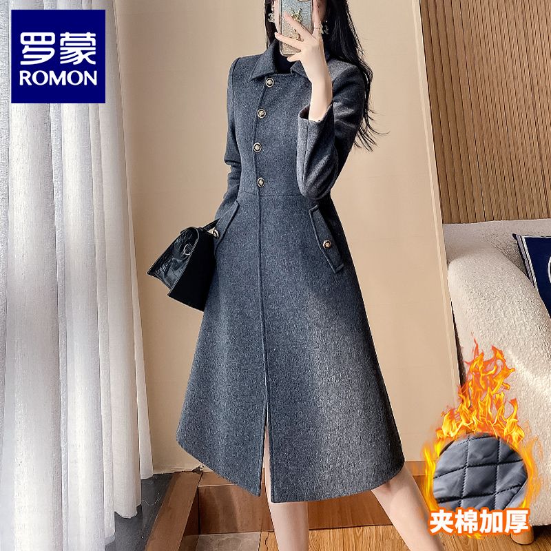 Lomon windbreaker coat for women autumn and winter gray long thickened professional work clothes outerwear big brand women's woolen coat