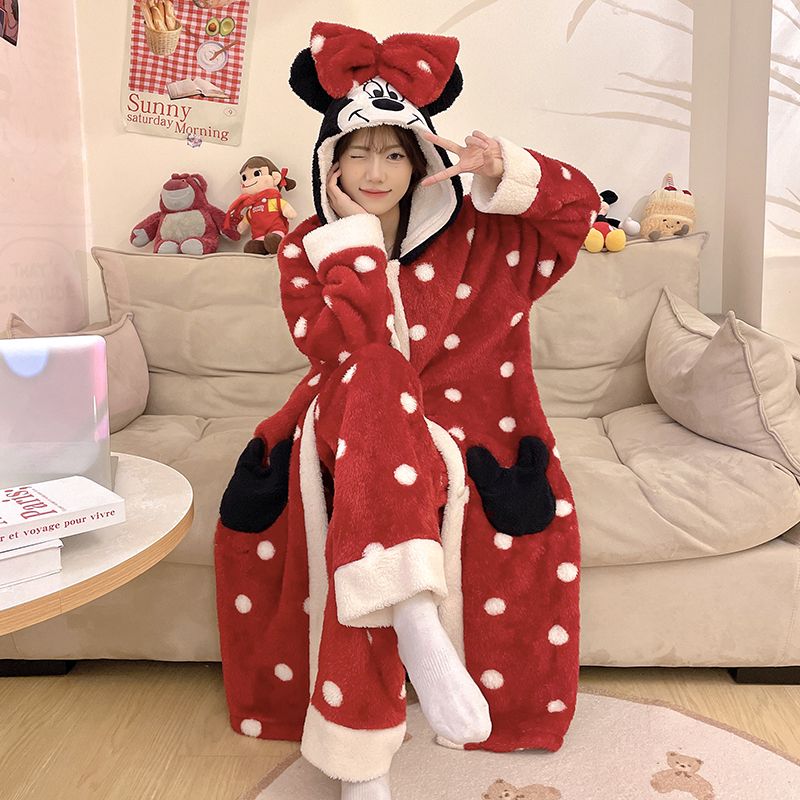 本命年大紅色睡袍女秋冬季卡通中長款加絨加厚可外穿法蘭絨家居服