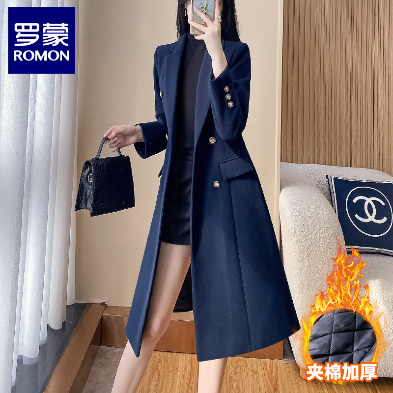 羅蒙毛呢外套女高級感藏青色長款夾棉加厚西服上衣職業裝呢子大衣