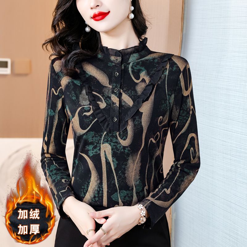 高檔加絨加厚長袖打底衫女秋冬季新款百搭洋氣時尚印花減齡上衣女
