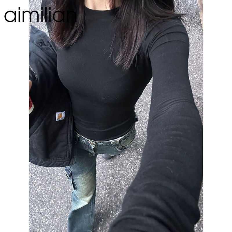 aimilian黑色德絨打底衫女秋冬內搭修身顯瘦長袖t恤緊身短款上衣