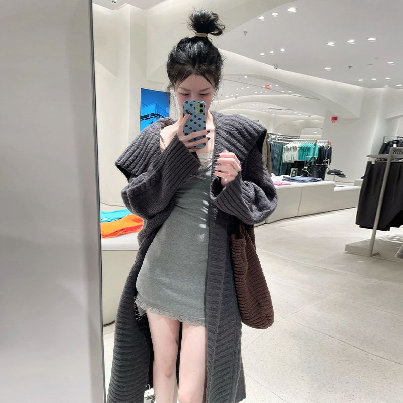 Sweater knitted jacket for women in autumn and winter, Korean style, large lapel, lazy, high-end, loose, casual, mid-length cardigan