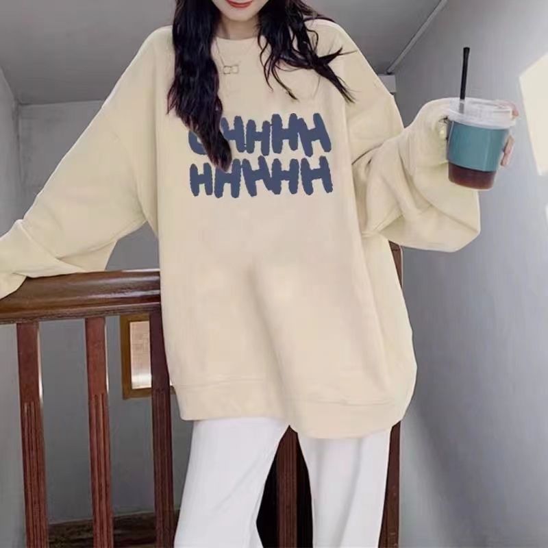 杏色圓領衛衣女秋冬新款加絨加厚寬鬆oversize慵懶風上衣外套潮in