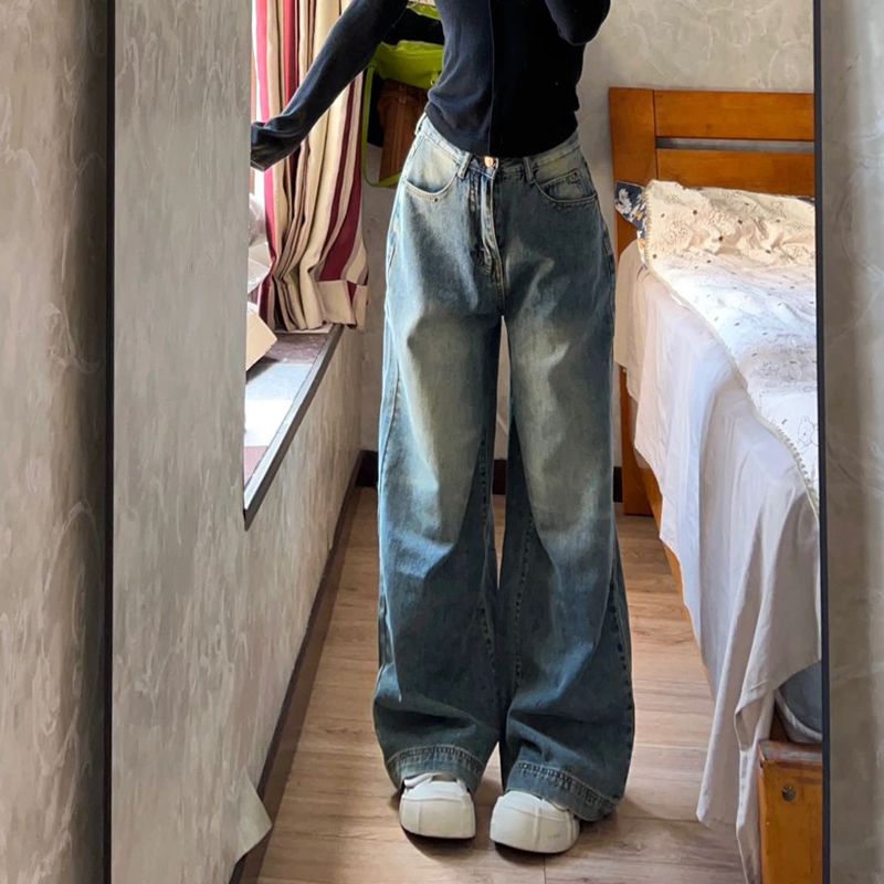 辣妹復古做舊闊腿牛仔褲女秋季小個子高腰直筒顯瘦垂感拖地長褲潮