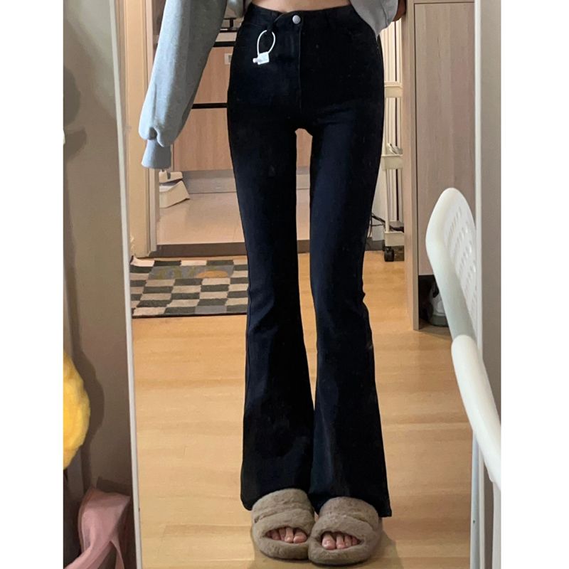 小個子黑色復古彈力微喇牛仔褲女秋季高腰修身顯瘦直筒馬蹄長褲潮