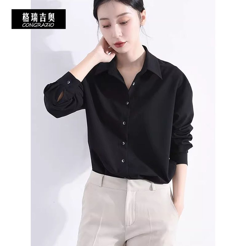 CONGRAZIO/格瑞吉奧小眾復古黑色襯衫女秋季寬鬆氣質通勤長袖上衣