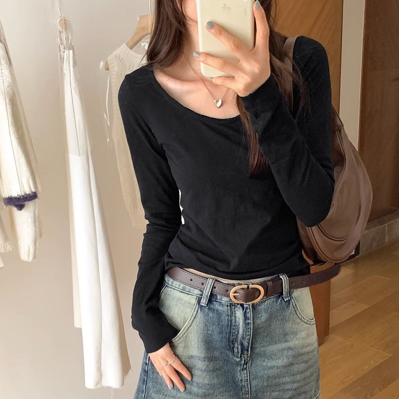 低圓領鎖骨長袖T恤女秋新款寬鬆休閒百搭打底衫小眾簡約顯瘦上衣