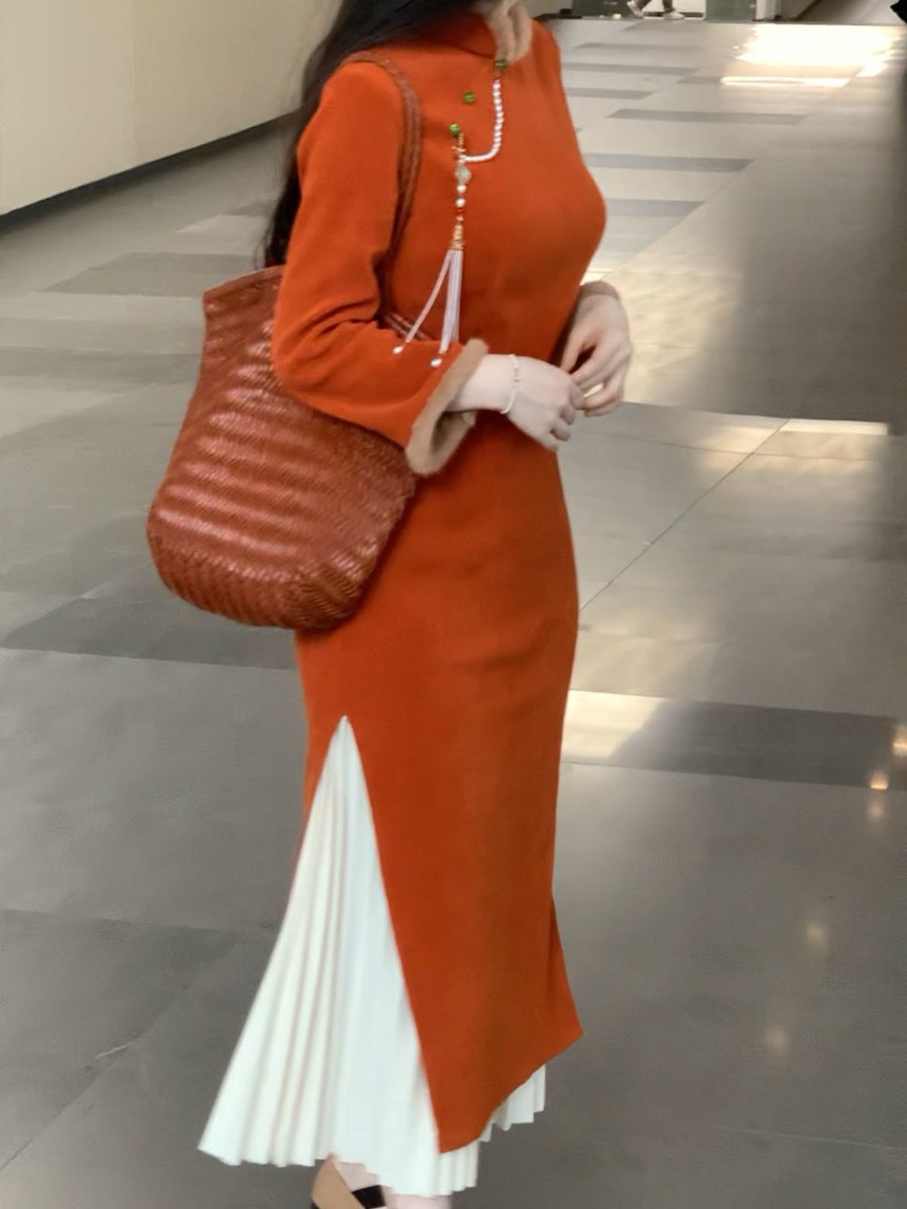 她來了復古館柿柿如意旗袍冬季長袖新款優雅新中式風中長款連衣裙