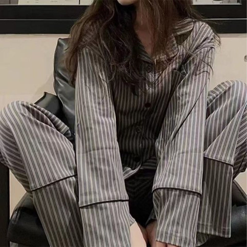 花季的故事新款睡衣女春秋季长袖套装灰条纹简约韩版家居服可外穿