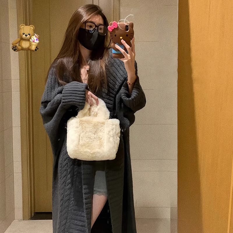 長款毛衣開衫外套女2023新款女加厚爆款毛衣灰色粗針麻花針織外套