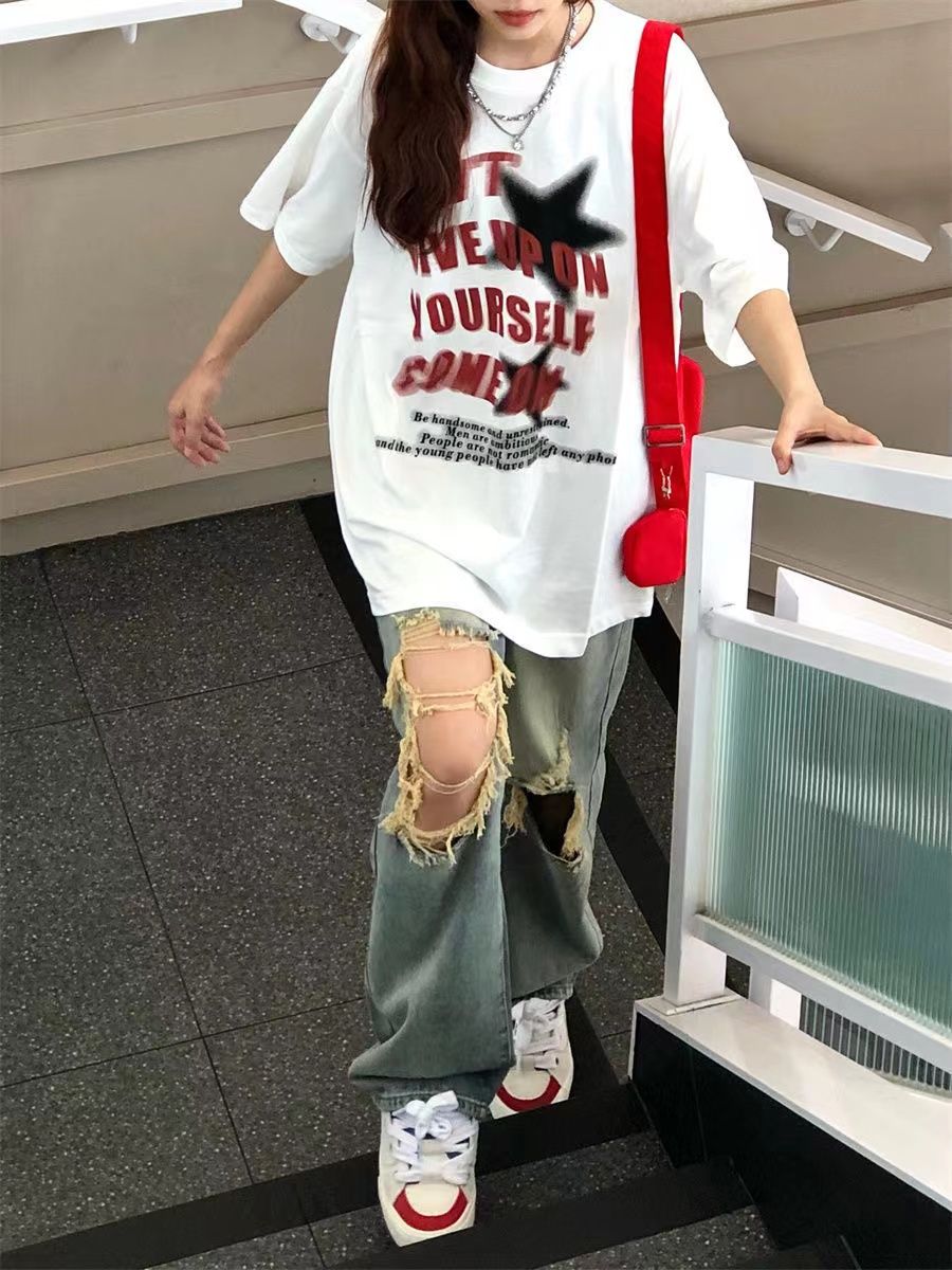 100%純棉夏季美式獨特顯瘦短袖男女2023新款oversize寬鬆t恤上衣