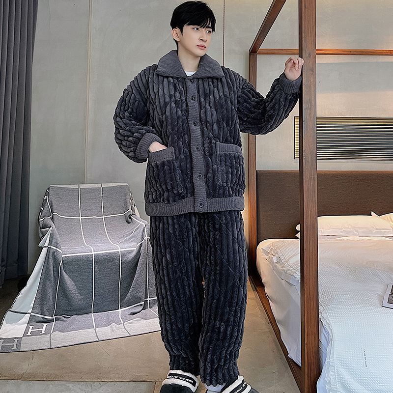 睡衣男冬季加厚三層加厚夾棉保暖外穿中青年珊瑚絨大碼家居服套裝