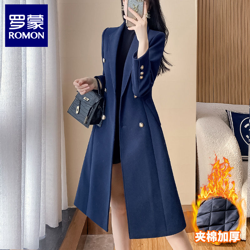 Luo Meng blazer women's navy blue quilted thickened long suit work clothes formal business wear woolen coat
