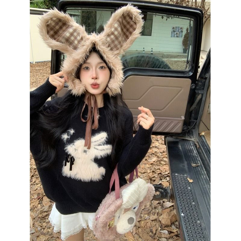 甜妹小奶兔上衣套頭毛衣針織衫女裝設計感長袖外穿寬鬆時尚毛衣潮