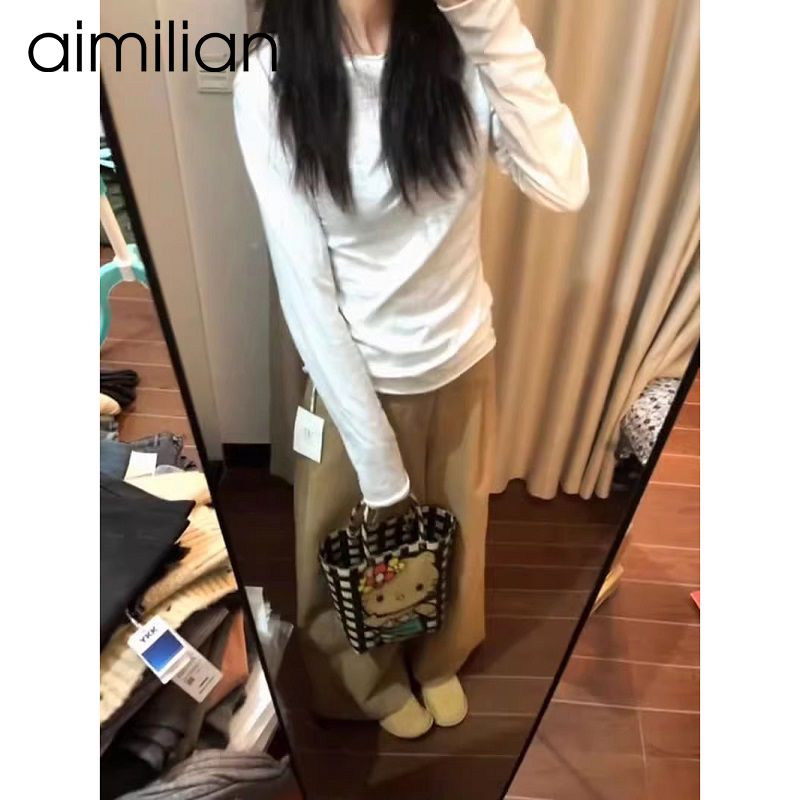 aimilian德絨打底衫女秋冬內搭修身顯瘦純色長袖t恤百搭短款上衣