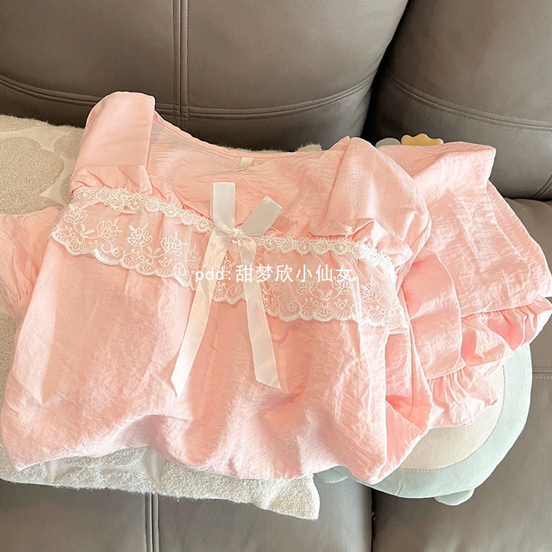 粉色花邊睡衣女春秋季新款公主風長袖長褲簡約休閒外穿家居服套裝