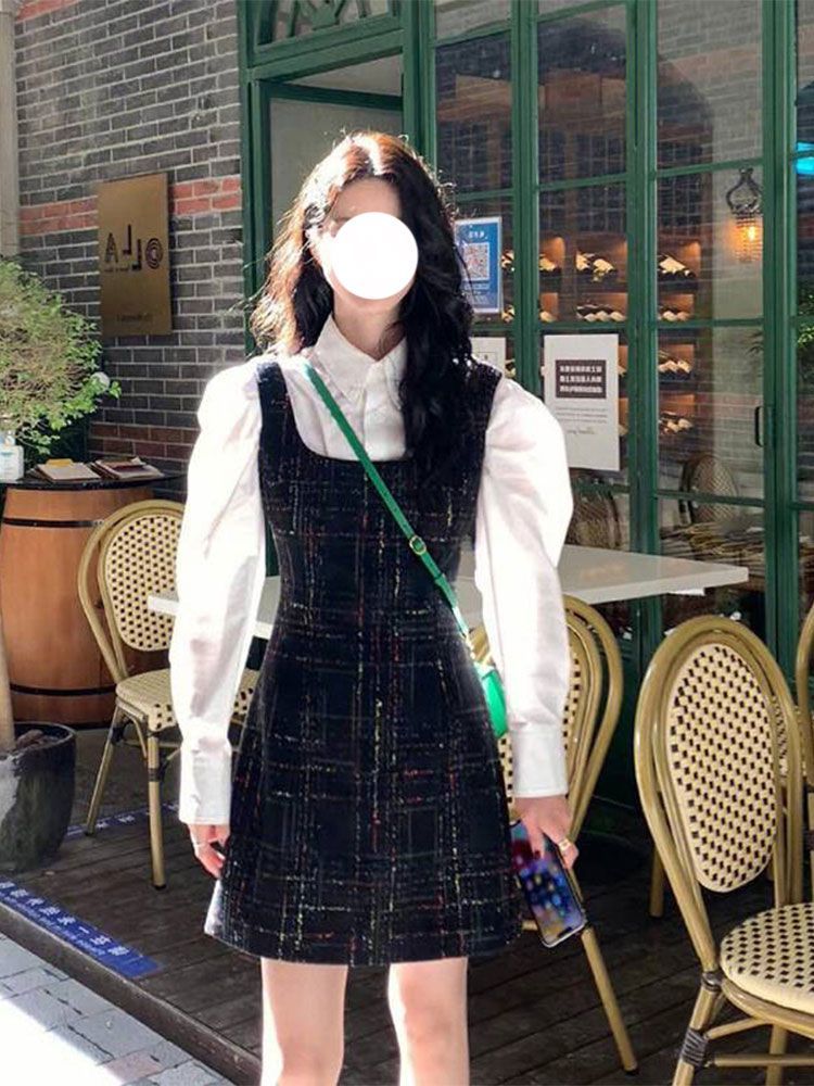 鹽系高級感小香風減齡套裝秋冬季新款長袖襯衫背帶連衣裙兩件套女
