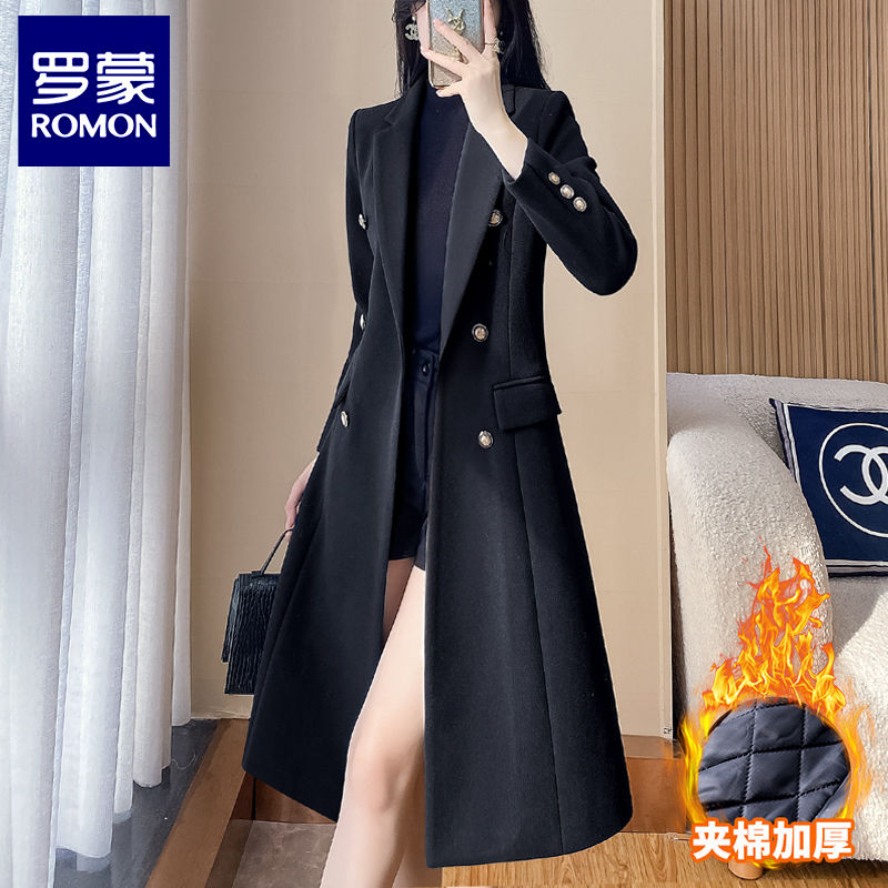 Luo Meng blazer women's new black long cotton suit windbreaker powerful business attire woolen coat