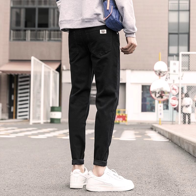 黑色牛仔褲男秋冬新款潮牌修身小腳韓版時尚彈力百搭休閒九分褲子