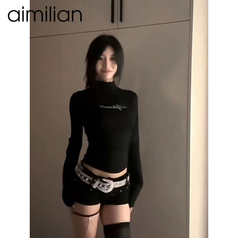 aimilian德絨半高領打底衫女春秋冬內搭修身短款長袖t恤正肩上衣