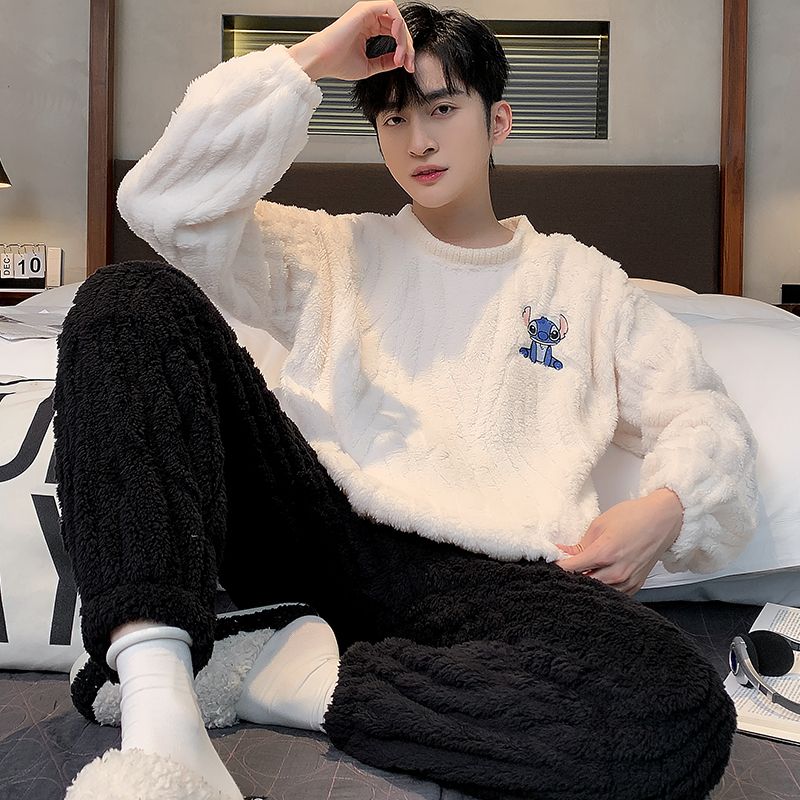 新款珊瑚絨睡衣男秋冬季加厚加絨青少年學生卡通史迪仔套頭家居服