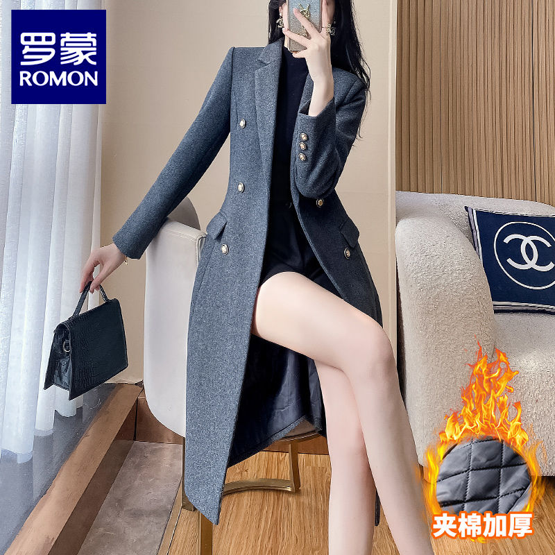 羅蒙毛呢外套女2023秋冬灰色加厚長款西服風衣高級感超好看呢大衣