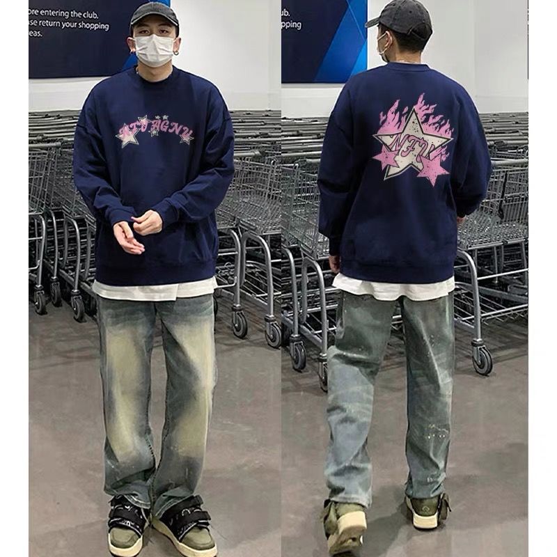 美式潮牌星星印花圓領衛衣男秋冬季重磅復古寬鬆無帽加絨上衣外穿