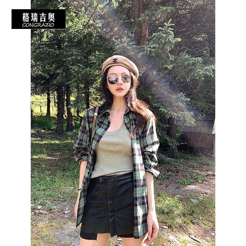 CONGRAZIO/格瑞吉奧美式復古綠色格子顯白長袖上衣寬鬆襯衫外套女