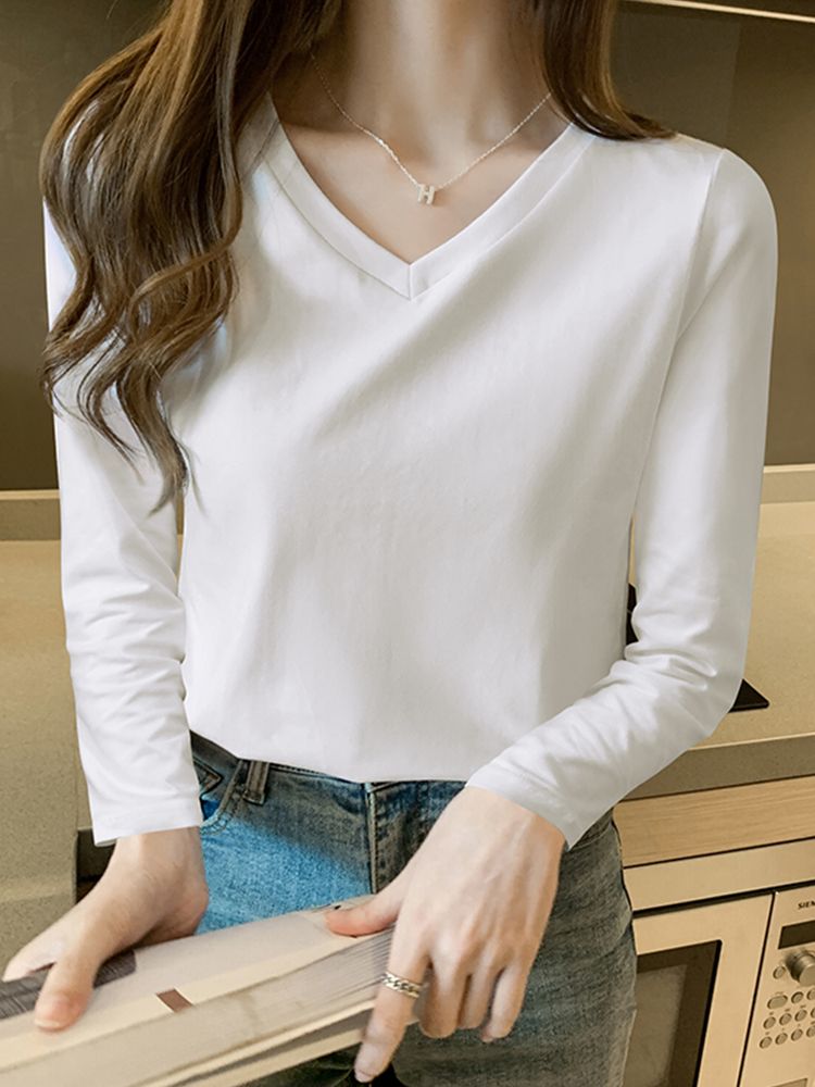 v領t恤女長袖寬鬆ins上衣純色內搭100%純棉白色打底衫女秋冬洋氣