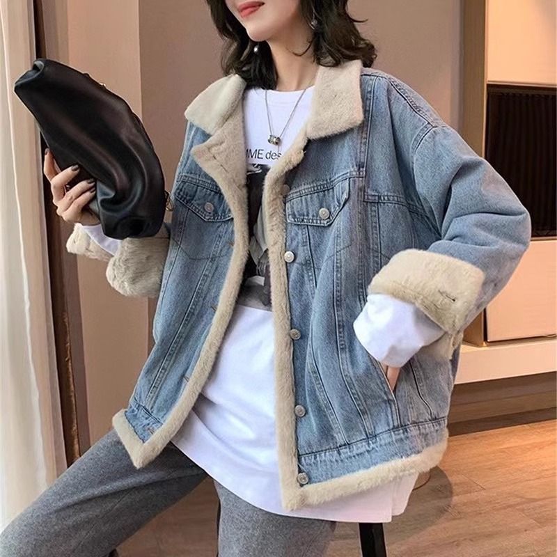 Retro sherpa denim jacket for women in autumn and winter furry casual loose bf plus velvet thickened casual party jacket