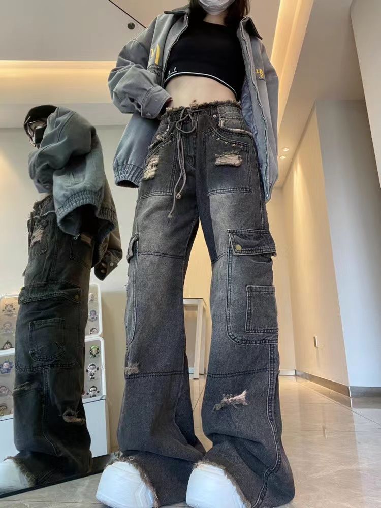 美式復古抽繩工裝褲牛仔褲女秋冬高街破洞設計感寬鬆顯瘦闊腿褲潮