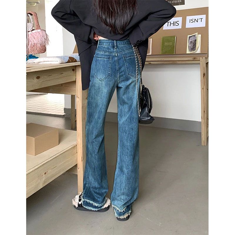 阔腿长裤设计感毛边复古窄版直筒牛仔裤女2023年新款高腰显高显瘦