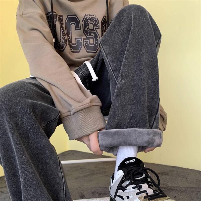 直筒加絨牛仔褲男款秋冬季美式復古加厚褲子潮牌百搭寬鬆闊腿長褲