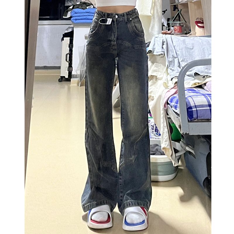 辣妹復古做舊高腰闊腿牛仔褲女秋冬小個子寬鬆直筒窄版拖地褲子