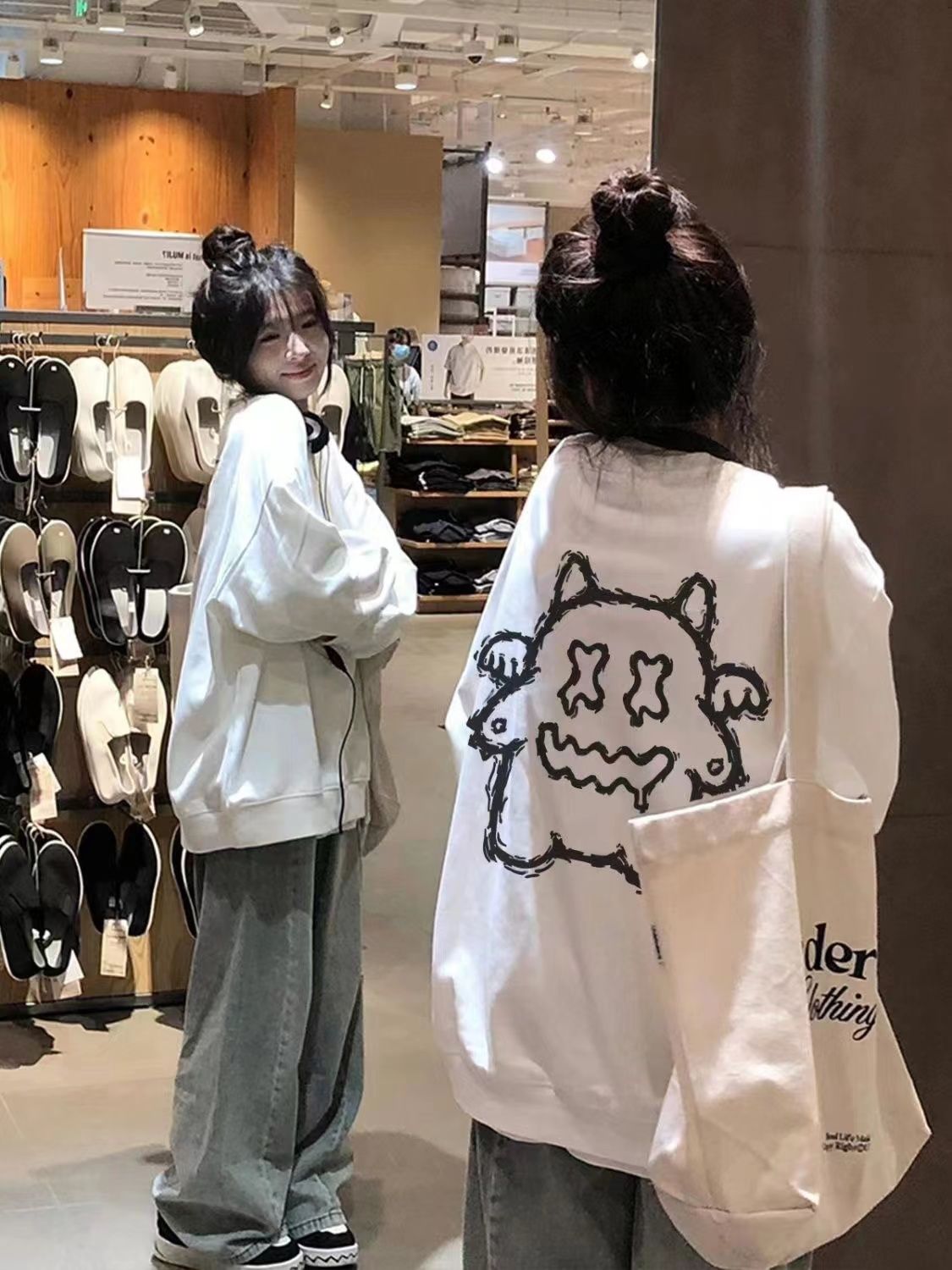 白色圓領衛衣女秋冬季新款甜美慵懶風學生寬鬆加絨加厚上衣外套潮