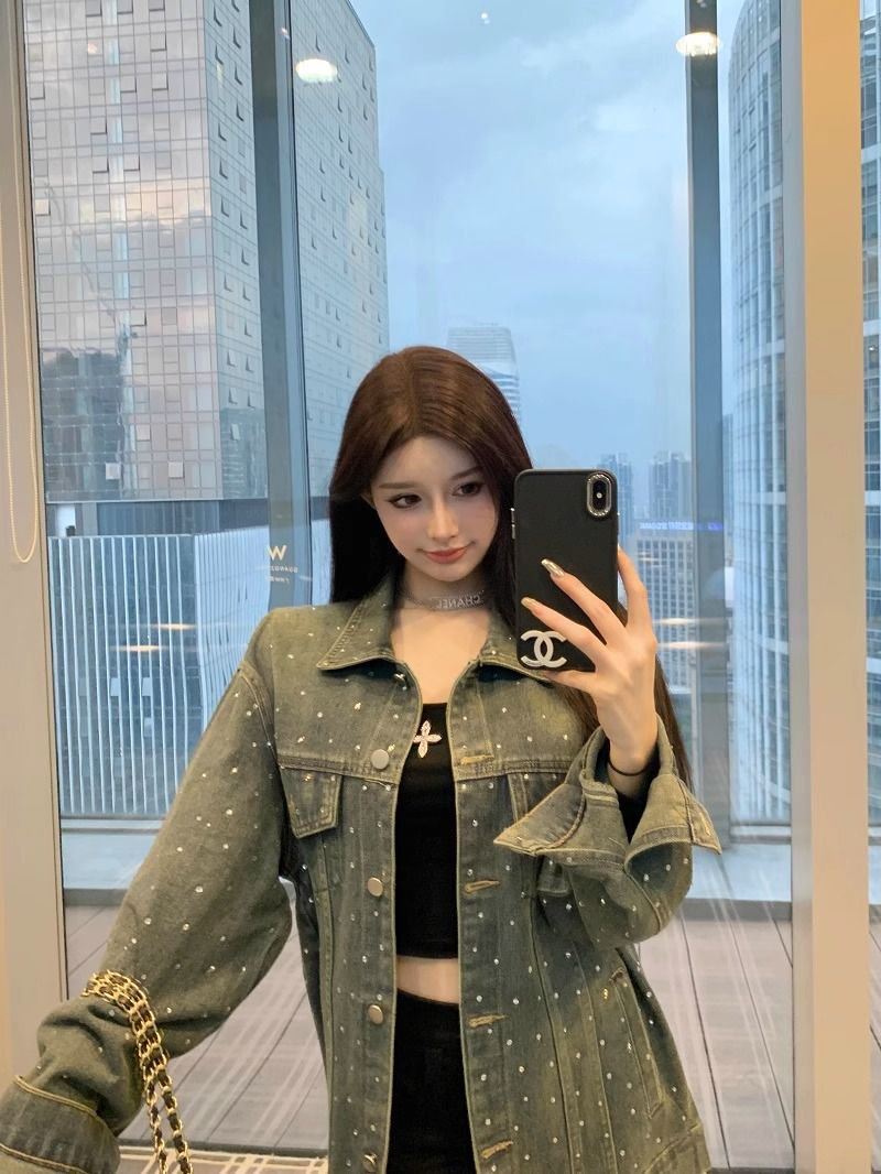 美式復古做舊鑽牛仔外套女秋季深藍色中長款設計感小眾開衫ins潮