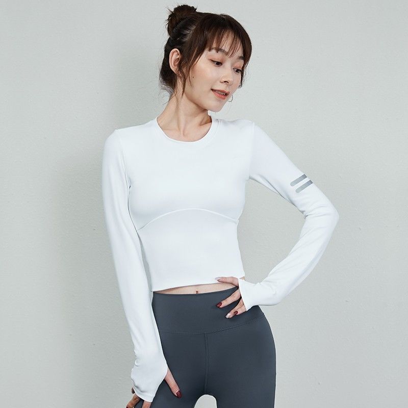 【】Fitness wear women's quick-drying T-shirt autumn and winter elastic slimming bottoming sports long-sleeved yoga wear top