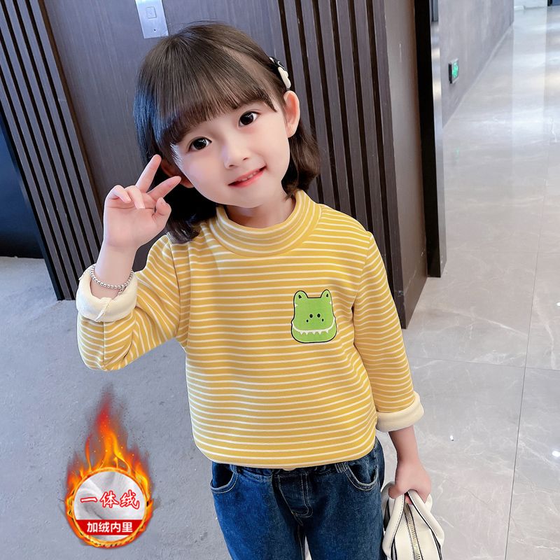 Girls' fashionable striped half-turtle collar plus velvet bottoming shirt for baby girls, fashionable thickened white bottoming shirt for children's winter clothing