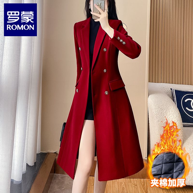Luo Meng blazer women's red ol women's thickened windbreaker high-end woolen coat long suit work clothes
