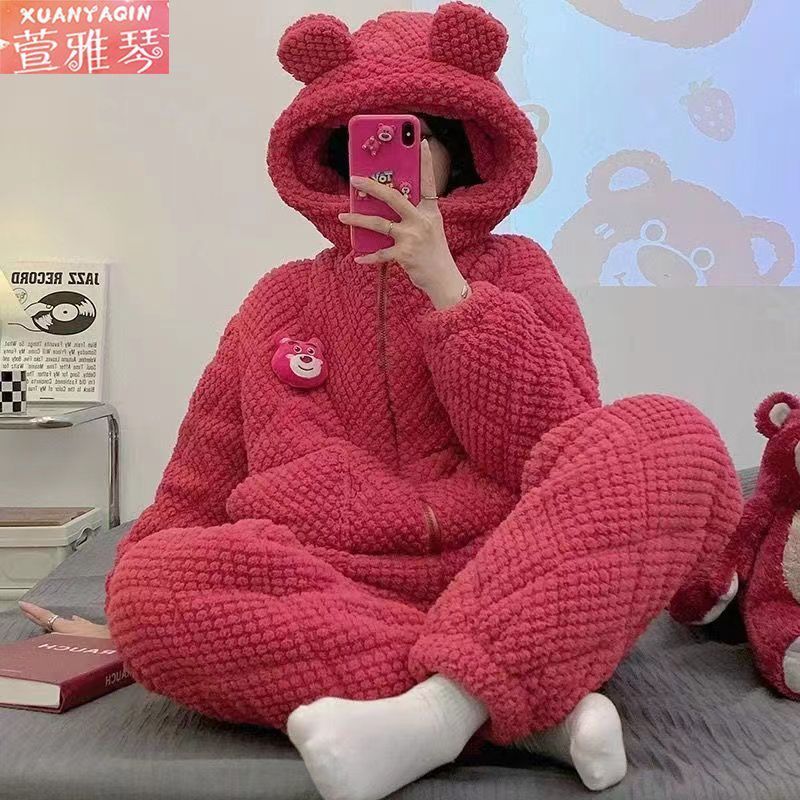 睡衣女冬季珊瑚絨加厚卡通三層夾棉可愛女士大碼家居服套裝可外穿