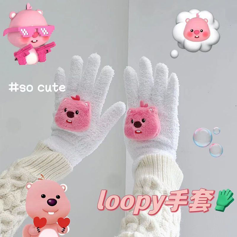 新款可愛小海狸loopy毛絨手套珊瑚絨學生騎行分指手套女冬季保暖