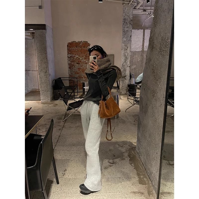 復古運動褲女春秋款新款冬季加絨衛褲休閒拖地長褲秋冬微喇褲子