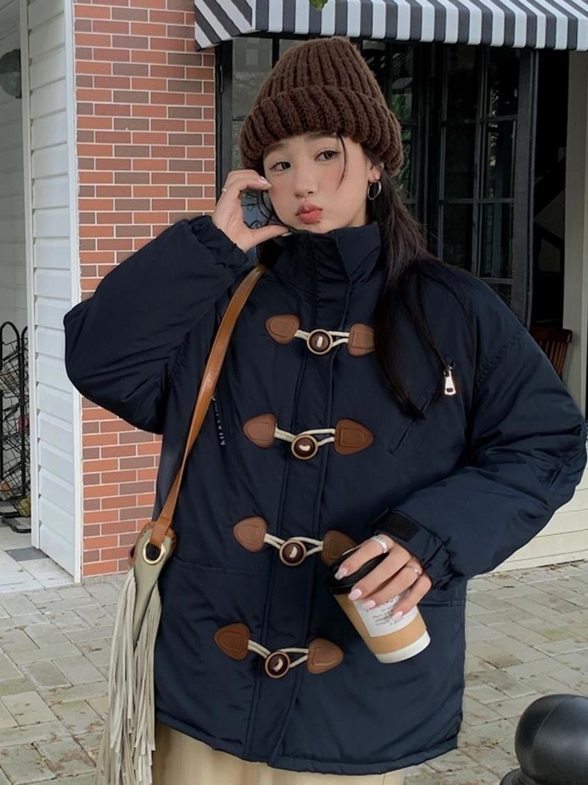 胖mm美式復古牛角扣設計感棉服女大碼奶fufu甜美可愛寬鬆立領棉衣