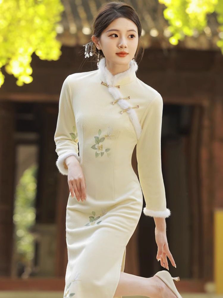 改良旗袍新中式加絨加厚少女氣質高端日常年輕款2023冬季長袖修身
