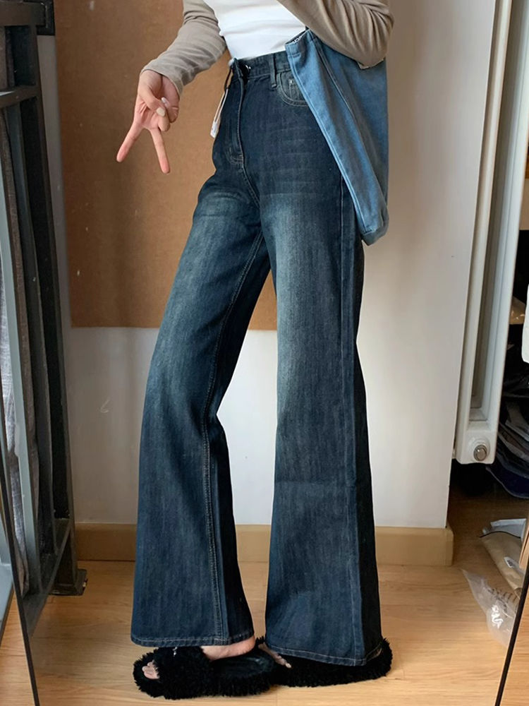 藍灰色復古不貼腿微喇牛仔褲女冬季新款高腰闊腿顯瘦拖地喇叭褲子