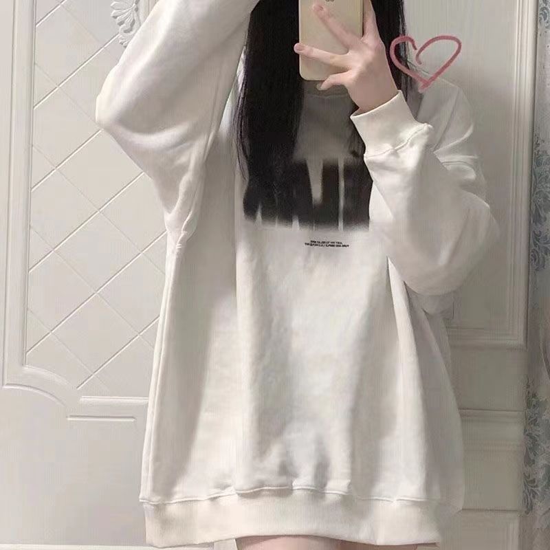 純欲風白色加絨加厚衛衣女春秋冬圓領新款美式oversize長袖上衣薄